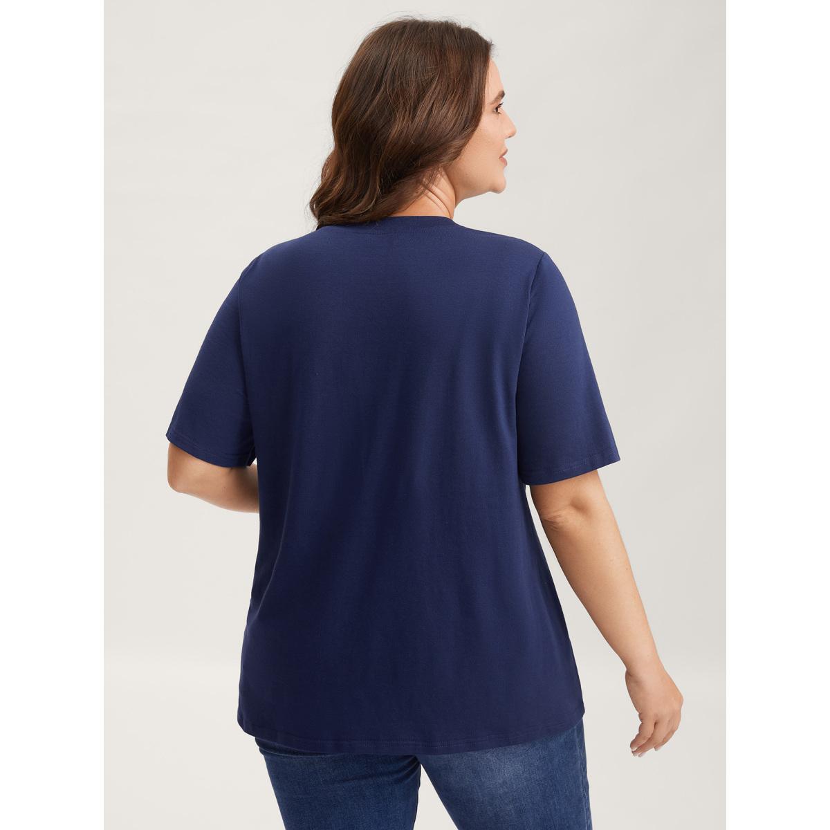 Plus Size Citrus Embroidered Shimmery Solid T-Shirt Indigo Women Embroidered V-neck Everyday-Casual T-shirts BloomChic 18-20/2X Product Image