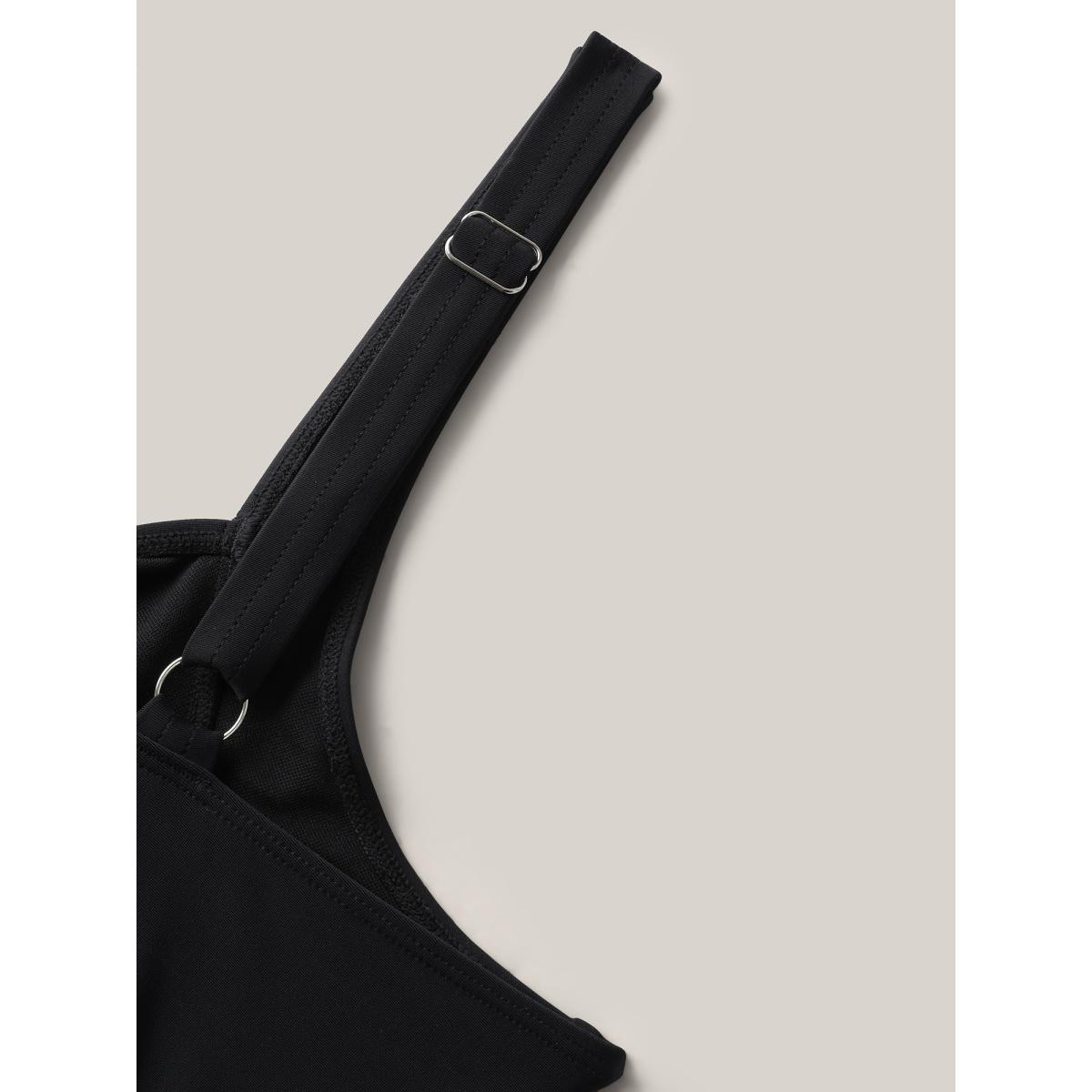 Plus Size Patchwork Ruched Drawstring Swim Top Women's Swimwear Black Resort Patchwork High stretch Skinny Non Curve Swim Tops BloomChic 18-20/2X Product Image