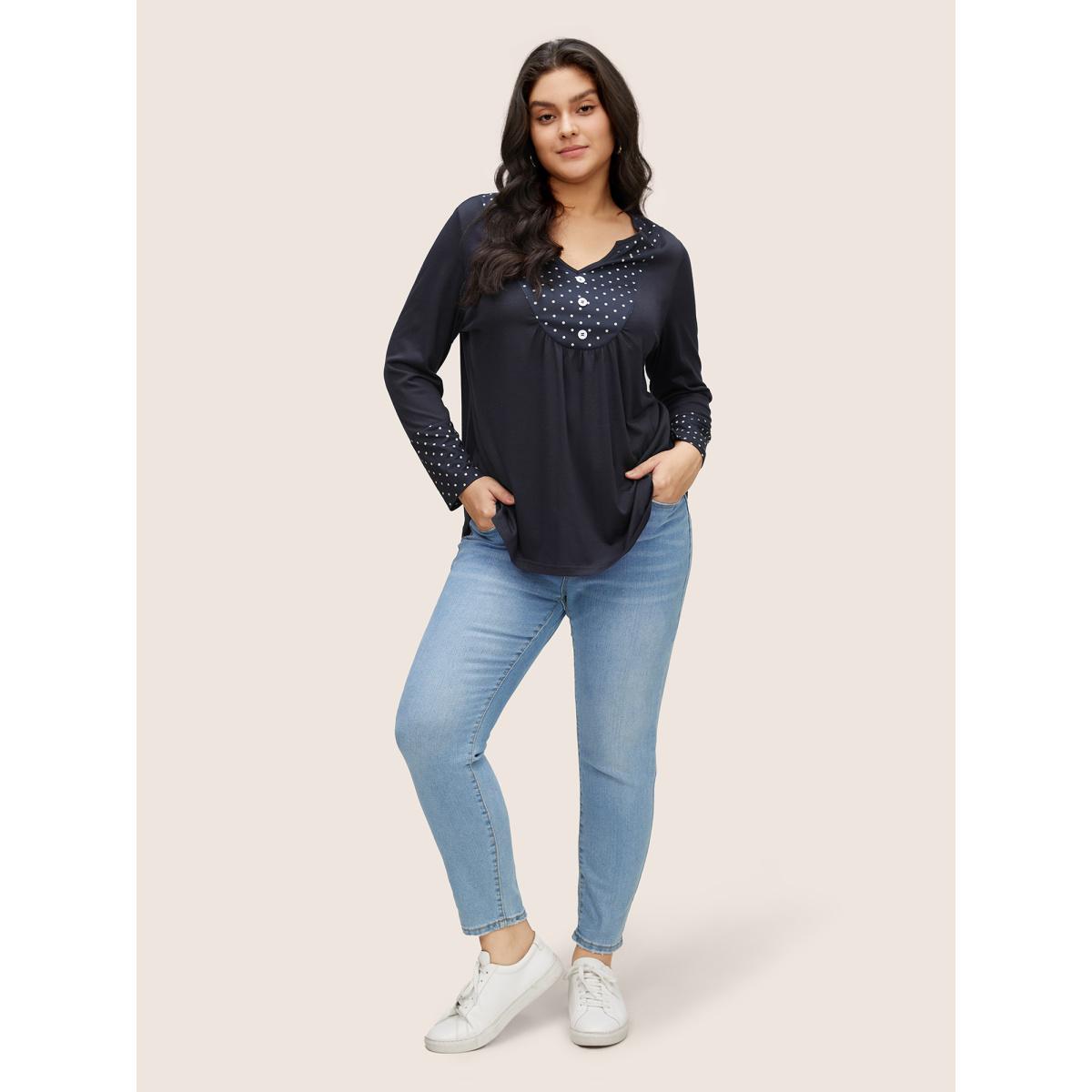 Plus Size Polka Dot Patchwork Notched Button Detail T-shirt Indigo Women Casual Contrast Polka Dot Notched collar Everyday T-shirts BloomChic 12/L Product Image