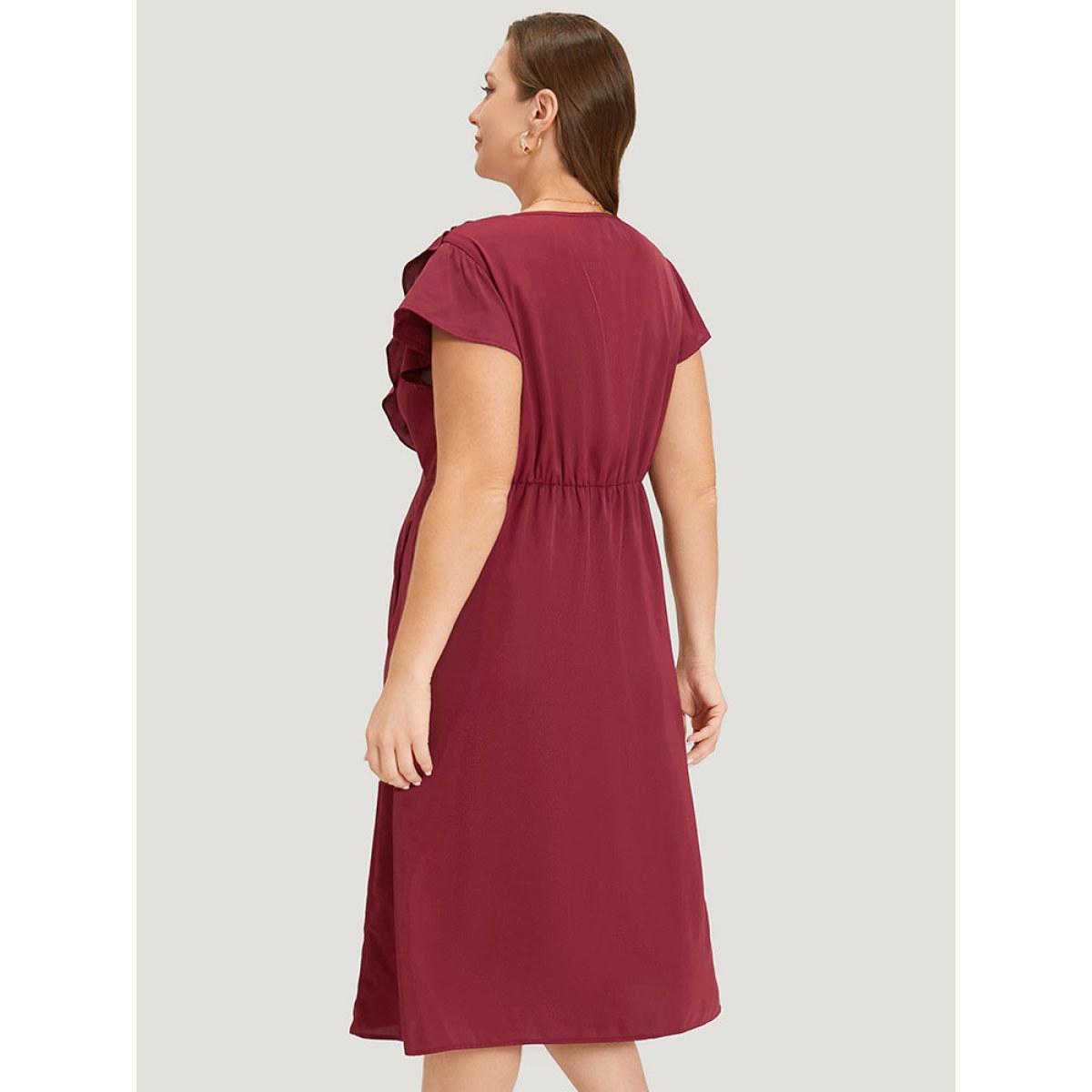 Plus Size Plain Ruffle Trim Pocket Cap Sleeve Midi Dress Scarlet Women Office Plain V-neck Sleeveless Curvy Midi Dress BloomChic 14-16/1X Product Image