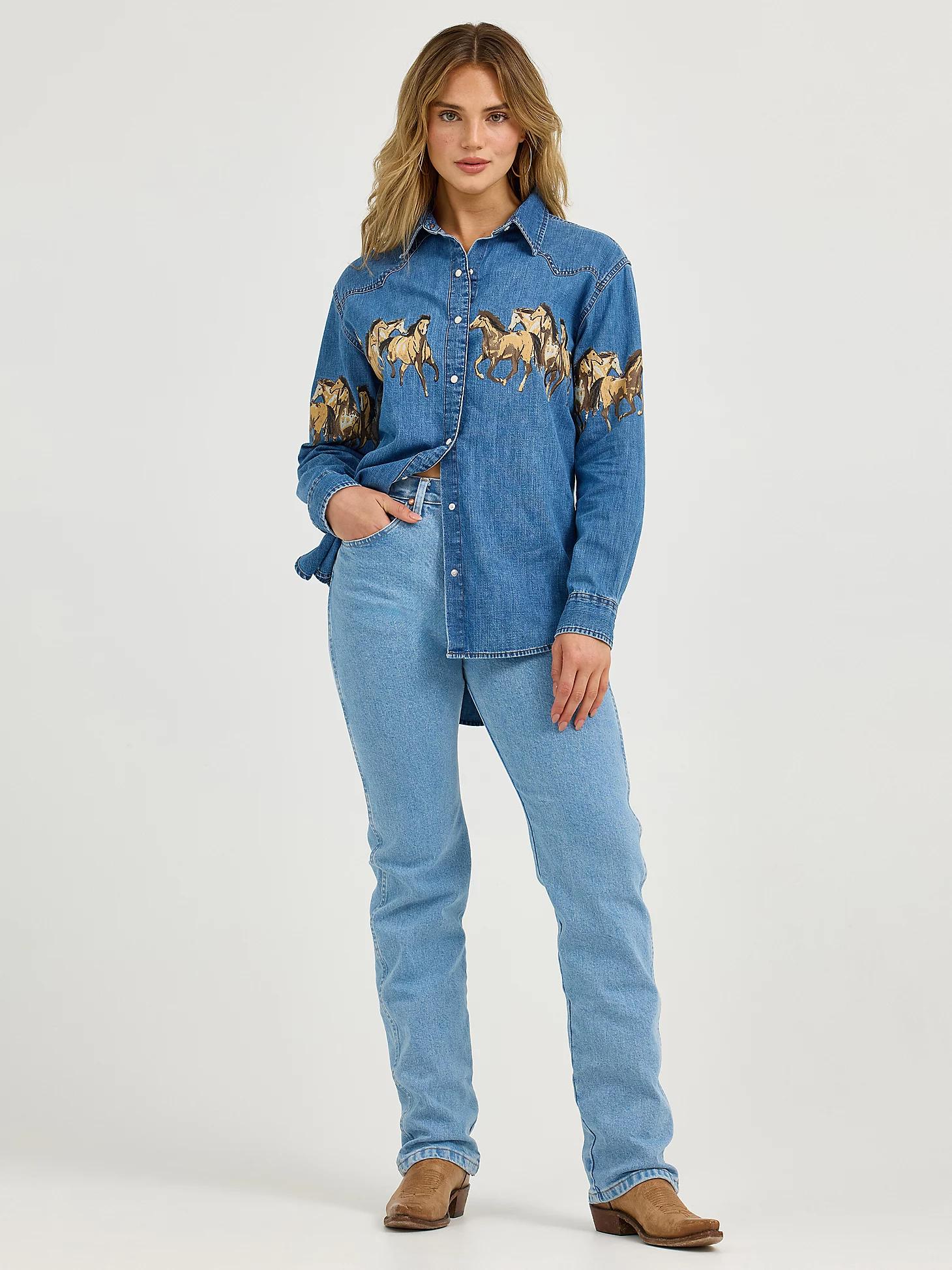Women's Wrangler Horses Boyfriend Western Snap Shirt in Mid Denim Product Image