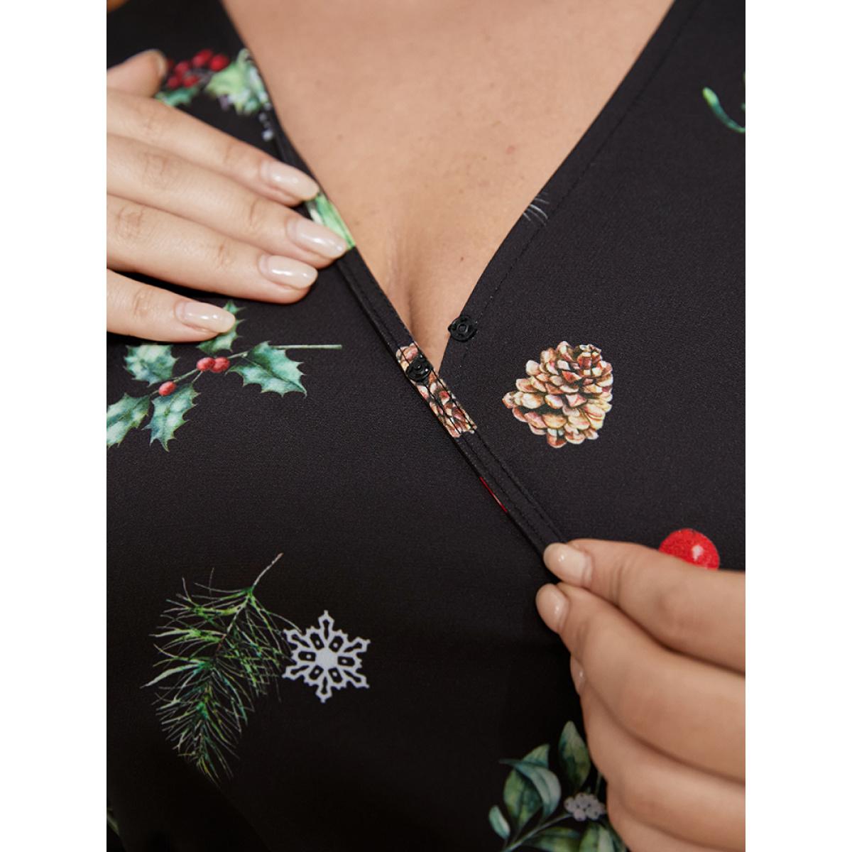 Plus Size Snowflake & Plant Print Wrap Lantern Sleeve Pocket Belted Dress Black Women Elegant Belted V-neck Long Sleeve Curvy Midi Dress BloomChic 14-16/1X Product Image