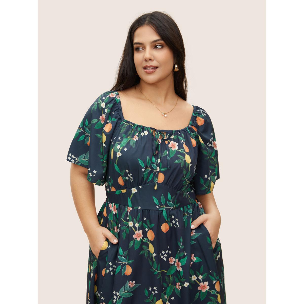 Plus Size Citrus Orange Print Square Neck Gathered Drawstring Dress Navy Women Elegant Tie knot Square Neck Half Sleeve Curvy Midi Dress BloomChic 14-16/1X Product Image