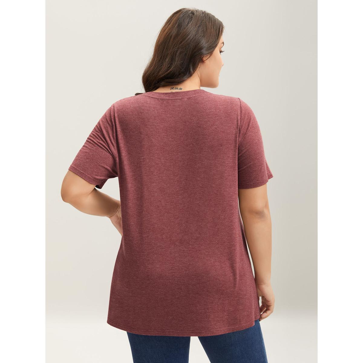 Plus Size Heather Stretchy Overlap Hem Plain T-Shirt Russet Women Leisure Overlapping Round Neck Casual T-shirts BloomChic 12/L Product Image