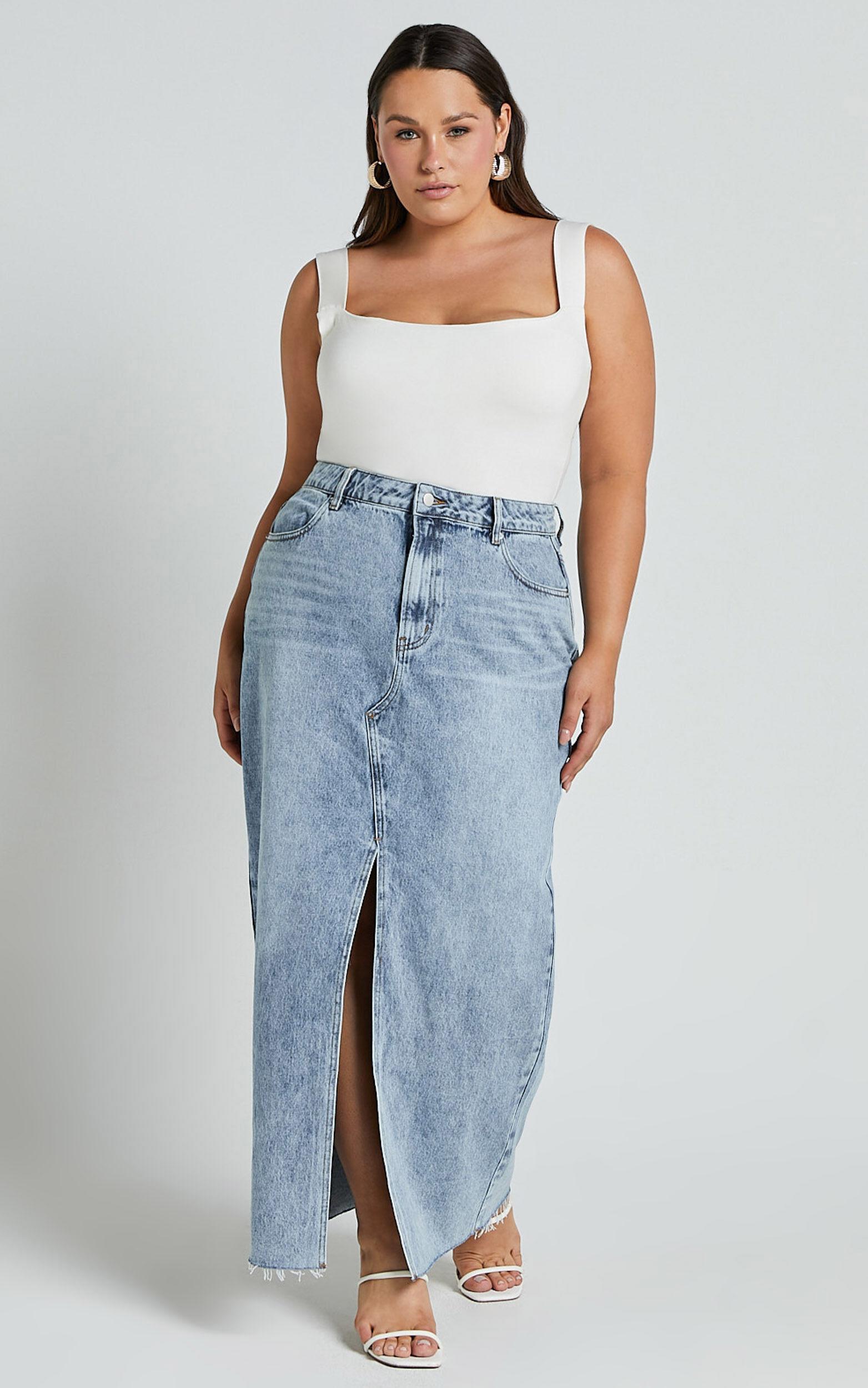 Kira Midi Skirt - Front Split Denim Skirt in Light Blue Wash Product Image