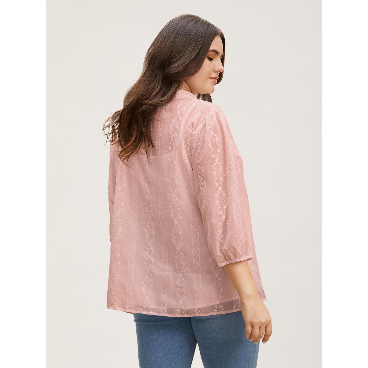 Plus Size Lightpink Texture Mesh Button Detail Tucked Seam Blouse Women Timeless Elbow-length sleeve V-neck Elegant Blouses BloomChic 30/6X Product Image