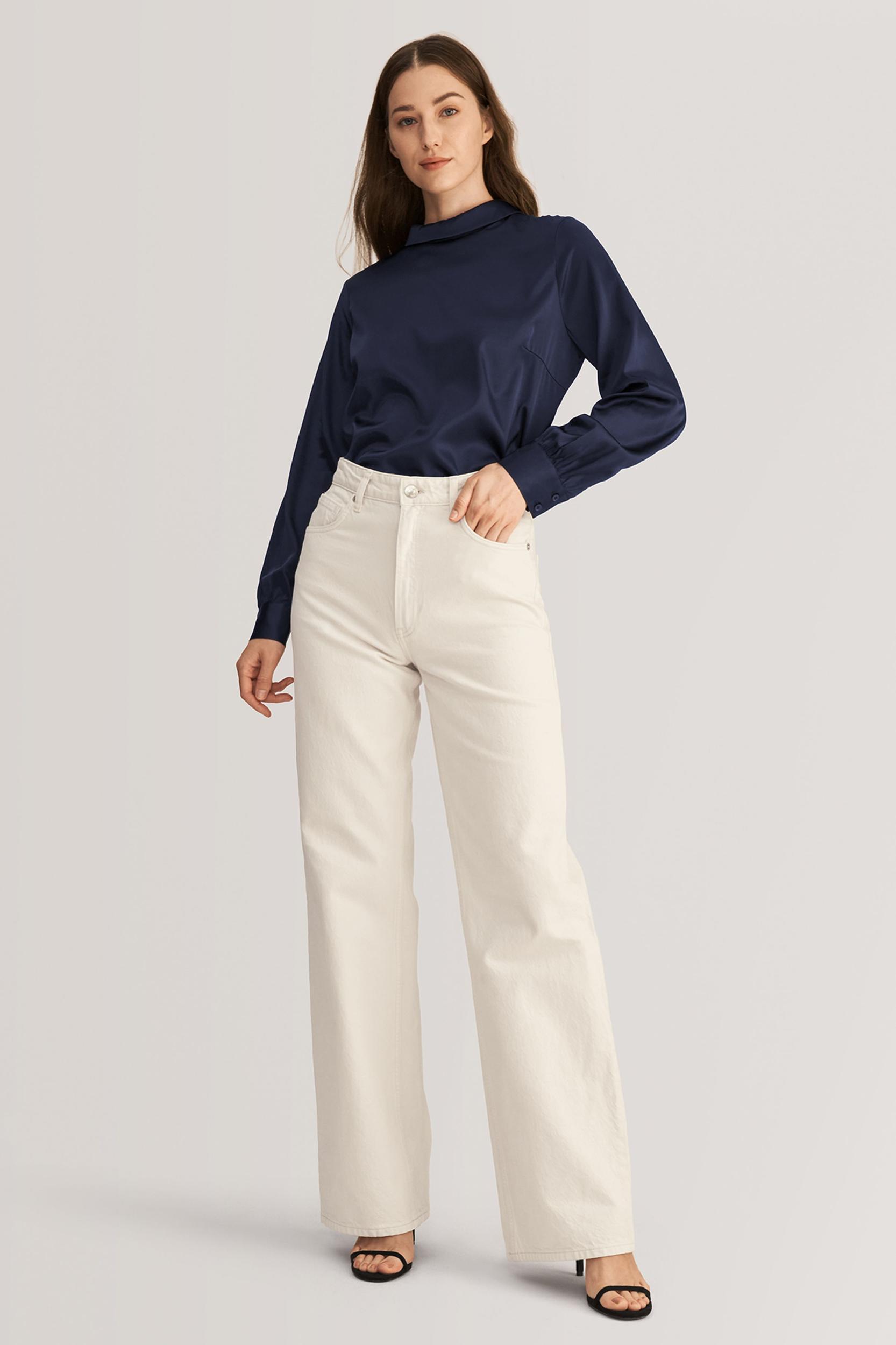 LILYSILK Business Blue Elegant Silk Blouse | Long Sleeves Style | Women Silk Navy Stand Collar Skin-Friendly and Breathable XS Product Image