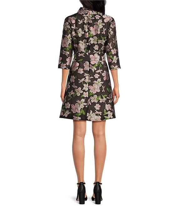 Abbey Glass Claudine Organza Floral Jacquard Ruffle Mock Neck 3/4 Sleeve Tie at Waist Above the Knee Shift Dress Product Image
