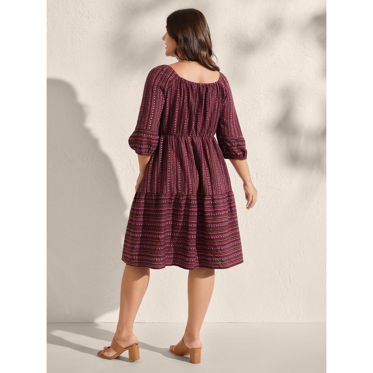 Plus Size Fall Stripes Cinched-Waist Tie Midi Dress Burgundy Women Boho Tie knot Square Neck Elbow-length sleeve Curvy BloomChic 12/L Product Image