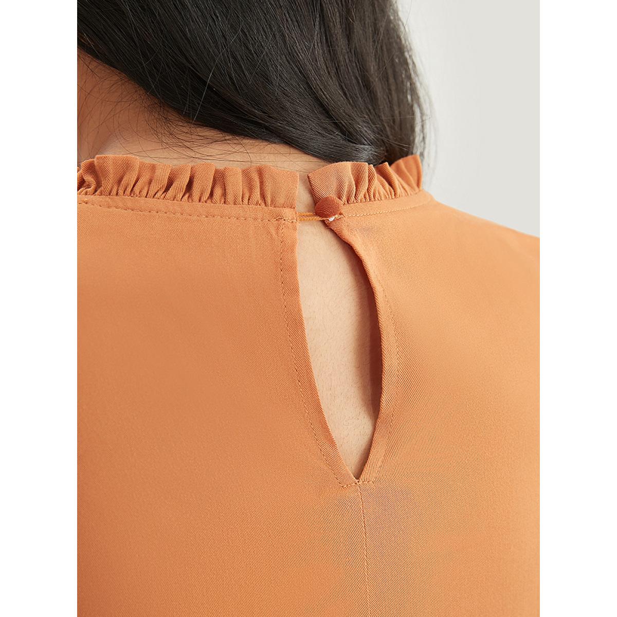 Plus Size Rust Solid Pleated Keyhole Ruffle Tiered Sleeve Frill Trim Blouse Women Elegant Short sleeve Round Neck Dailywear Blouses BloomChic 22-24/3X Product Image
