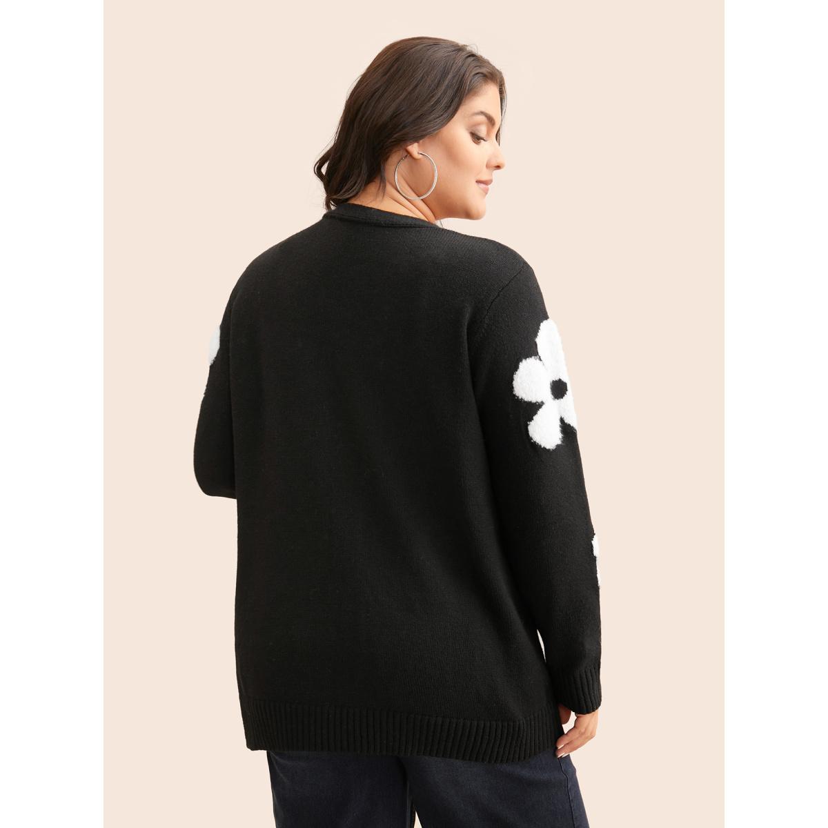 Plus Size Floral Jacquard Drop Shoulder Sleeve Cardigan Black Women Casual Loose Long Sleeve Everyday Cardigans BloomChic 14-16/1X Product Image