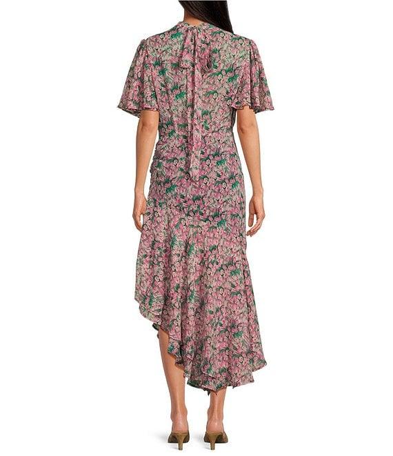 En Saison Lyra Floral Print Mock Neck Short Flutter Sleeve Midi Dress Product Image