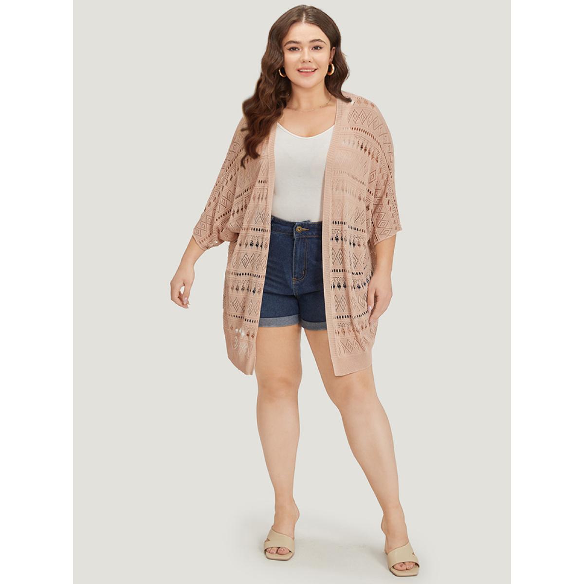 Plus Size Plain Geometric Eyelet Batwing Sleeve Open Front Cardigan Apricot Women Casual Short sleeve Everyday Cardigans BloomChic 28/5X Product Image