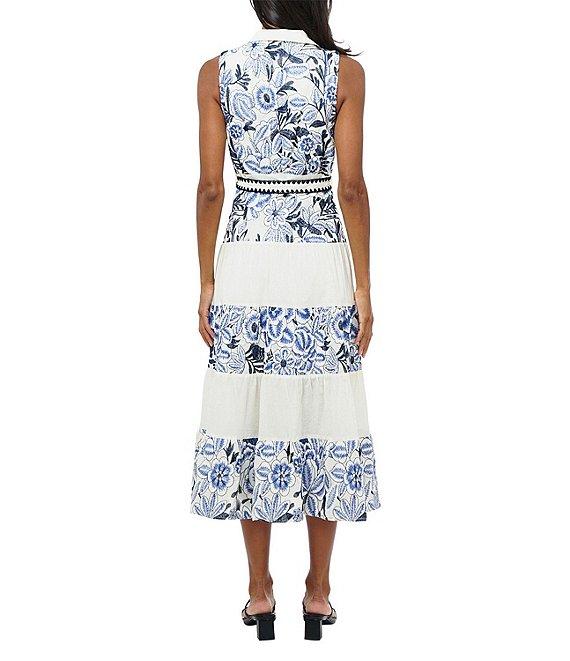 Adelyn Rae Ethena Embroidered Floral Print Point Collar Neck Sleeveless Belted Button Front A-Line Midi Dress Product Image