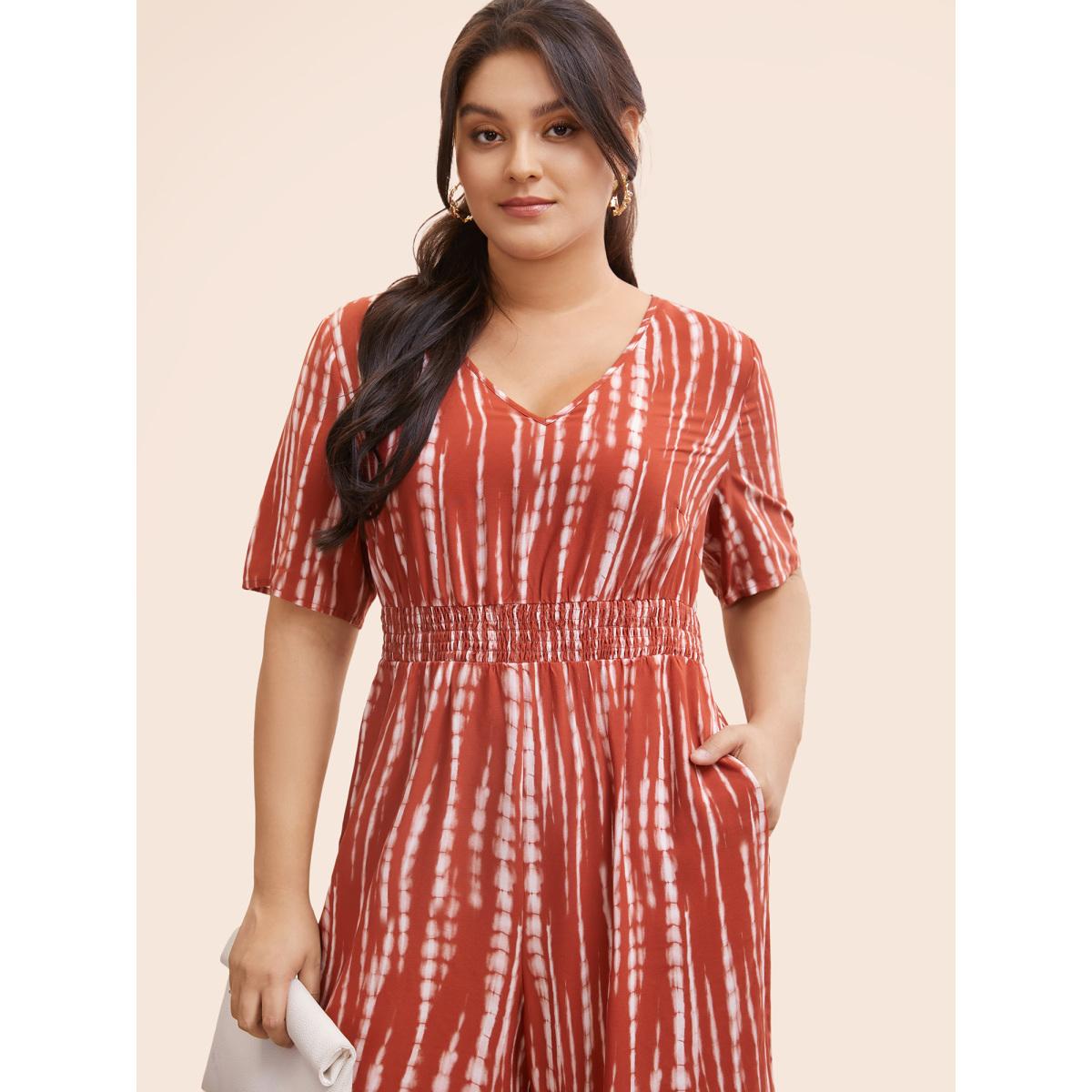 Plus Size Multicolor V Neck Gradient Dyeing Shirred Jumpsuit Women At the Office Half Sleeve V-neck Office Loose Jumpsuits BloomChic 18-20/2X Product Image