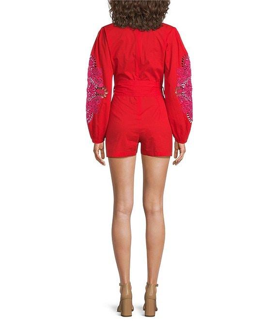 Chelsea & Violet Livvy V-Neckline Long Sleeve Crochet Detail Romper Product Image