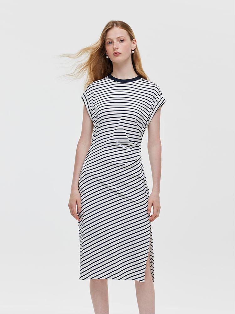 Striped Slit Ruched Women Midi Dress Product Image