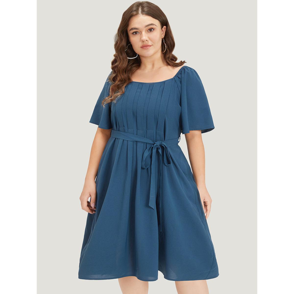 Plus Size Plain Pocket Belted Pleated Raglan Sleeve Dress Aegean Women Office Gathered Round Neck Short sleeve Curvy Midi Dress BloomChic 28/5X Product Image