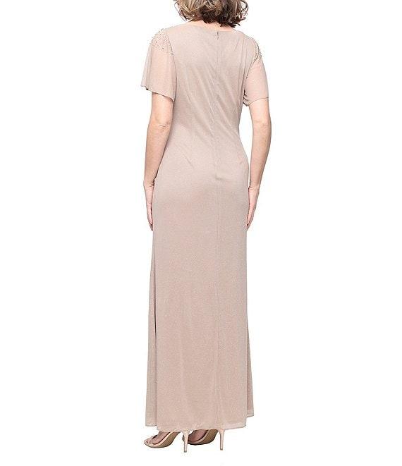 Ignite Evenings Short Sleeve Round Neck Front Slit Glitter Jersey Dress Product Image