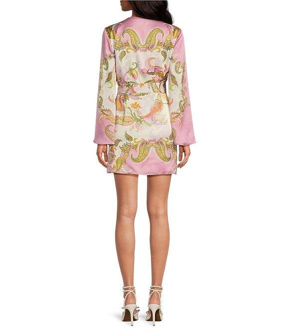 Gianni Bini Jenni Paisley Printed Satin V-Neck Long Sleeve Mini Wrap Dress Product Image