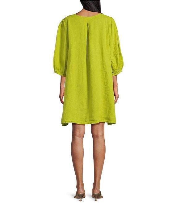 Bryn Walker Lucien Light Linen Round Neck 3/4 Balloon Sleeve Dress Product Image