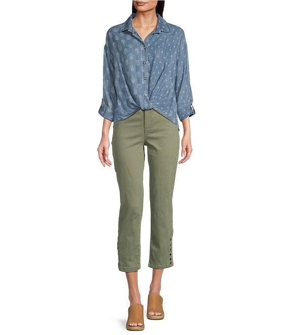 Tru Luxe Jeans Printed Chambray Point Collar Long Sleeve Twist Front Shirt Product Image