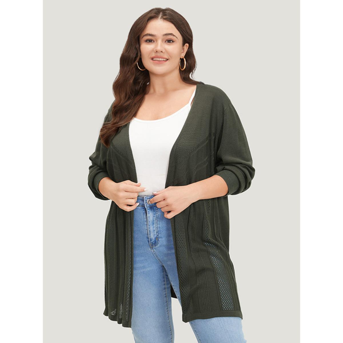 Plus Size Supersoft Essentials Solid Open Front Geo Eyelet Cardigan ArmyGreen Women Casual Loose Long Sleeve Everyday Cardigans BloomChic 12/L Product Image
