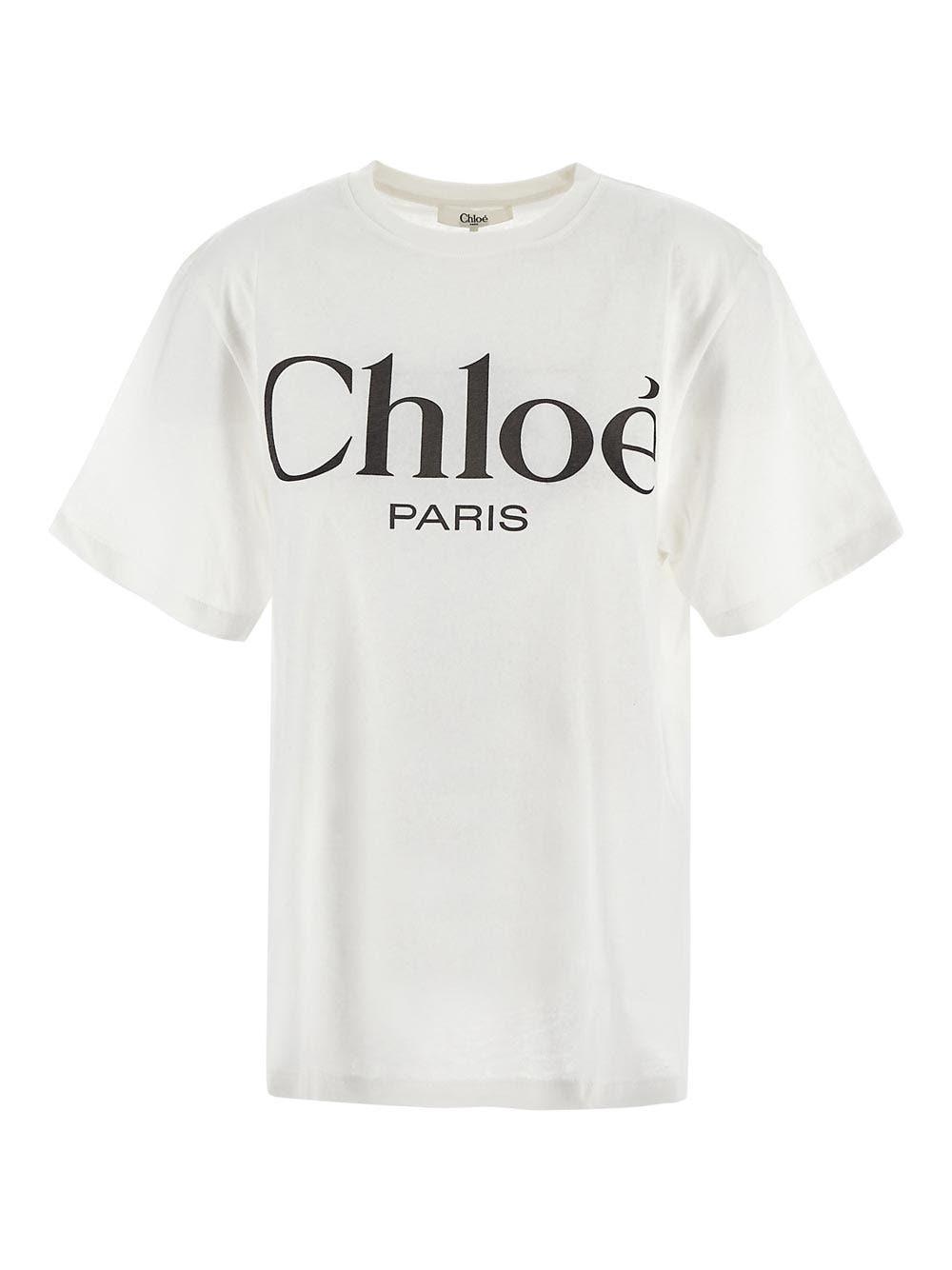CHLOÉ White Crewneck T-shirt With Logo Print On The Front In Cotton Woman Product Image