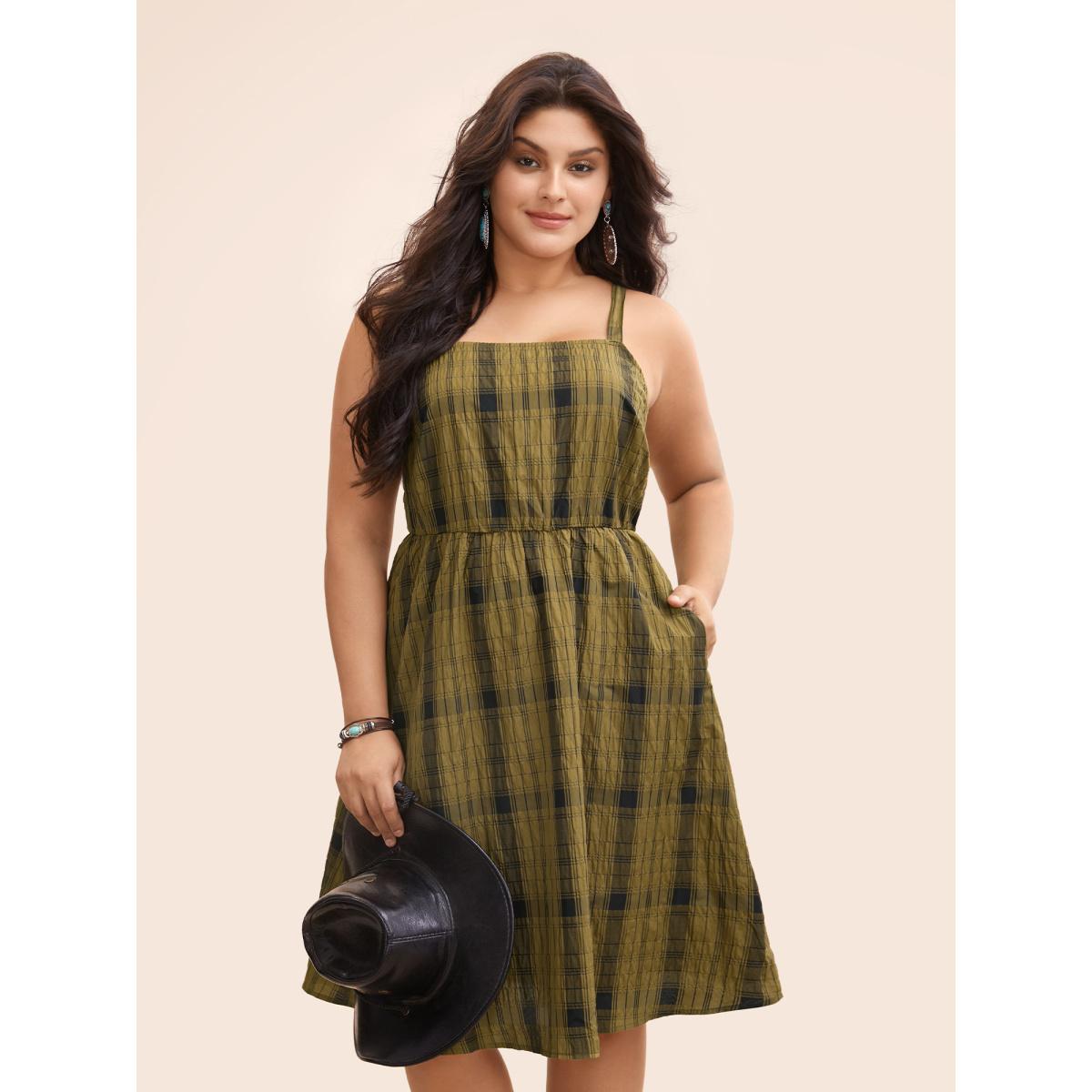 Plus Size Wrinkle-Treated Waist-Defining Midi Dress Olive Women Resort Texture Non Sleeveless Curvy BloomChic 26/4X Product Image