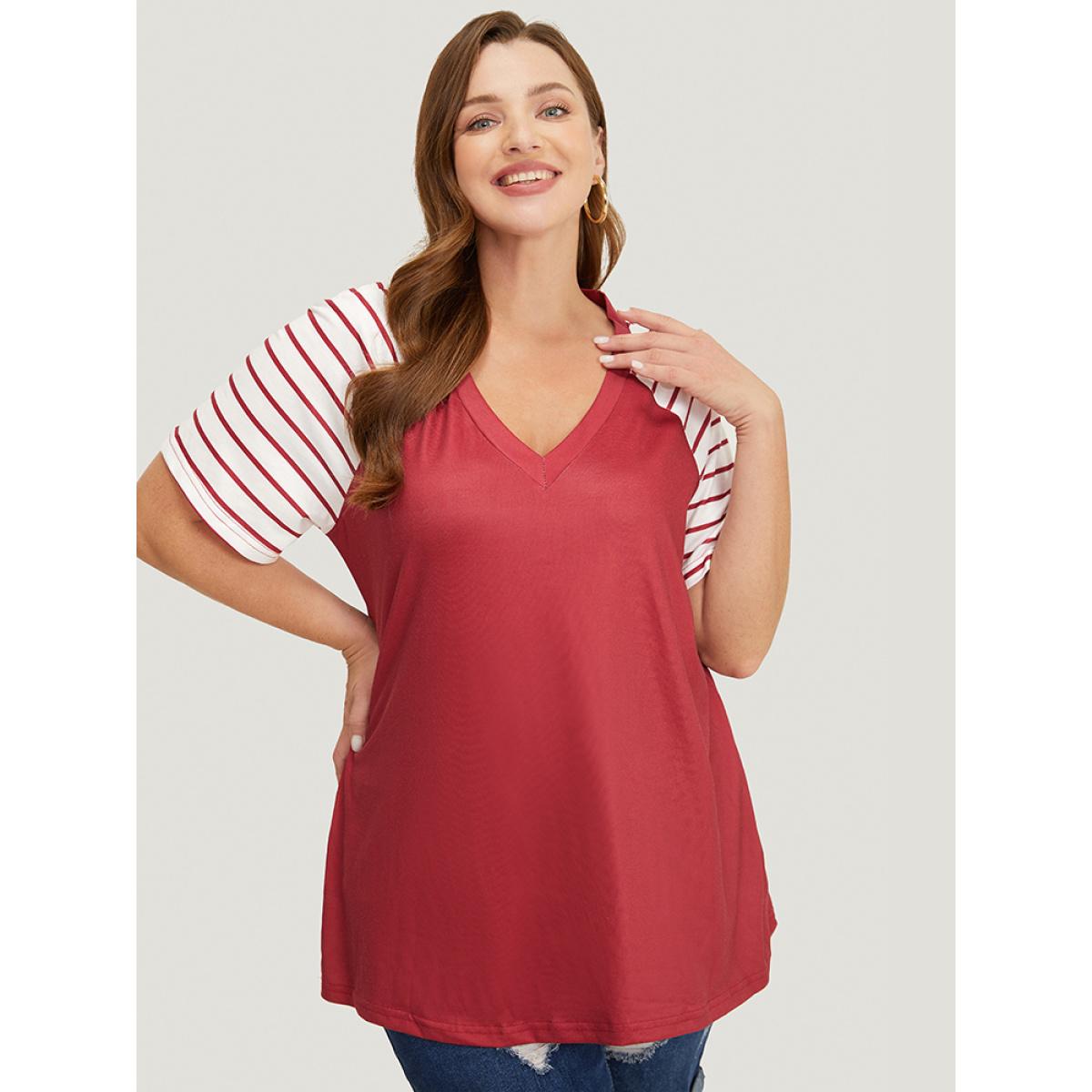 Plus Size Striped Contrast Raglan Sleeve V Neck T-shirt Scarlet Women Casual Patchwork Striped V-neck Dailywear T-shirts BloomChic 14-16/1X Product Image