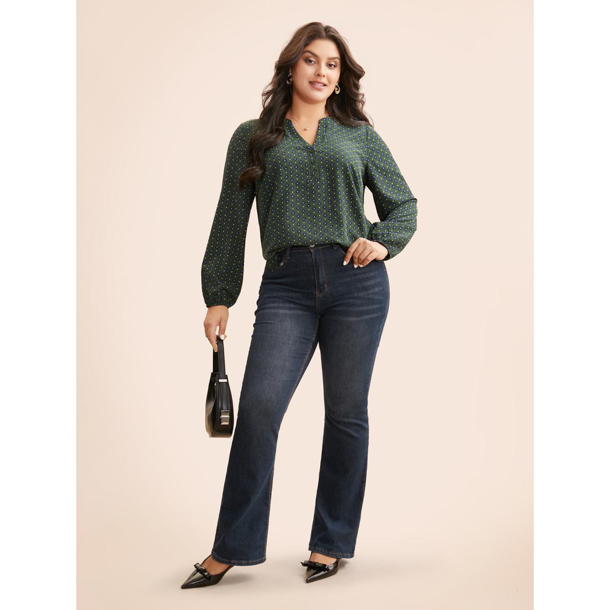 Plus Size ArmyGreen Notched Geometric Button Up Blouse Women At the Office Extra Long Sleeve Notched collar Office Blouses BloomChic 28/5X Product Image