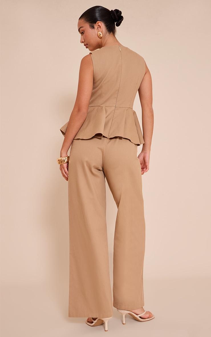 Mocha Cotton Peplum Detail Wide Leg Jumpsuit Product Image