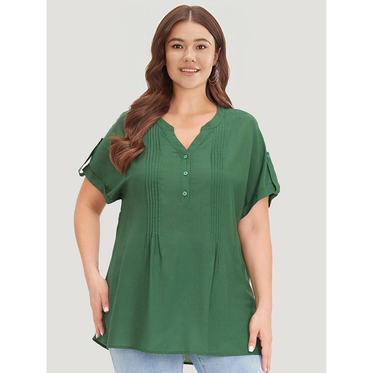 Plus Size ArmyGreen Solid Cuffed Sleeve Pleated Notched Blouse Women Elegant Short sleeve Notched collar Dailywear Blouses BloomChic 14-16/1X Product Image