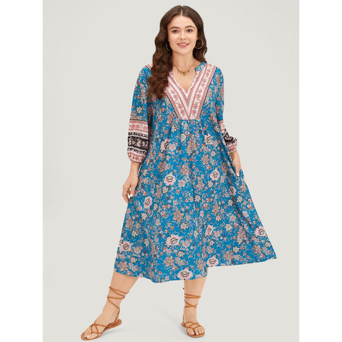 Plus Size Floral Print Notched Lantern Sleeve Contrast Dress Teal Women Vacation Elastic cuffs Notched collar Long Sleeve Curvy Midi Dress BloomChic 14-16/1X Product Image