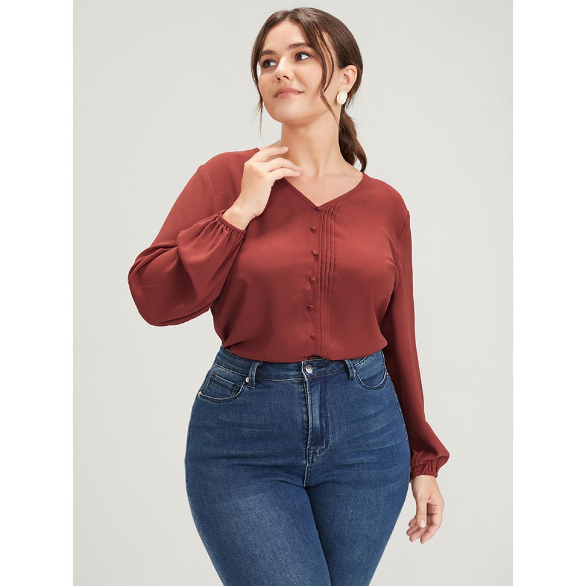 Plus Size Russet Solid Pleated Lantern Sleeve Btton Front Blouse Women Office Long Sleeve V-neck Work Blouses BloomChic 12/L Product Image