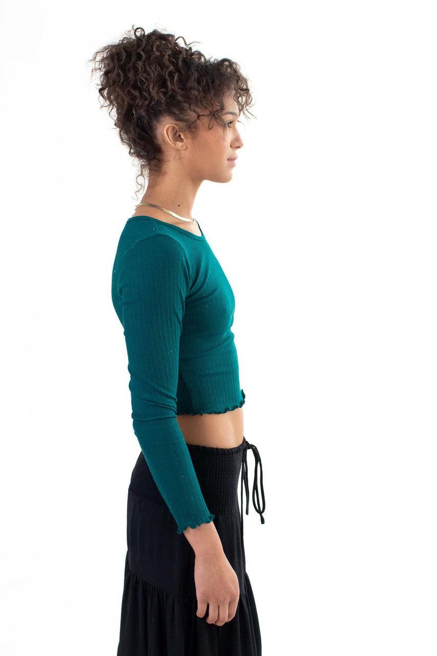 Green Double Ribbed Long Sleeve Crop Top Product Image