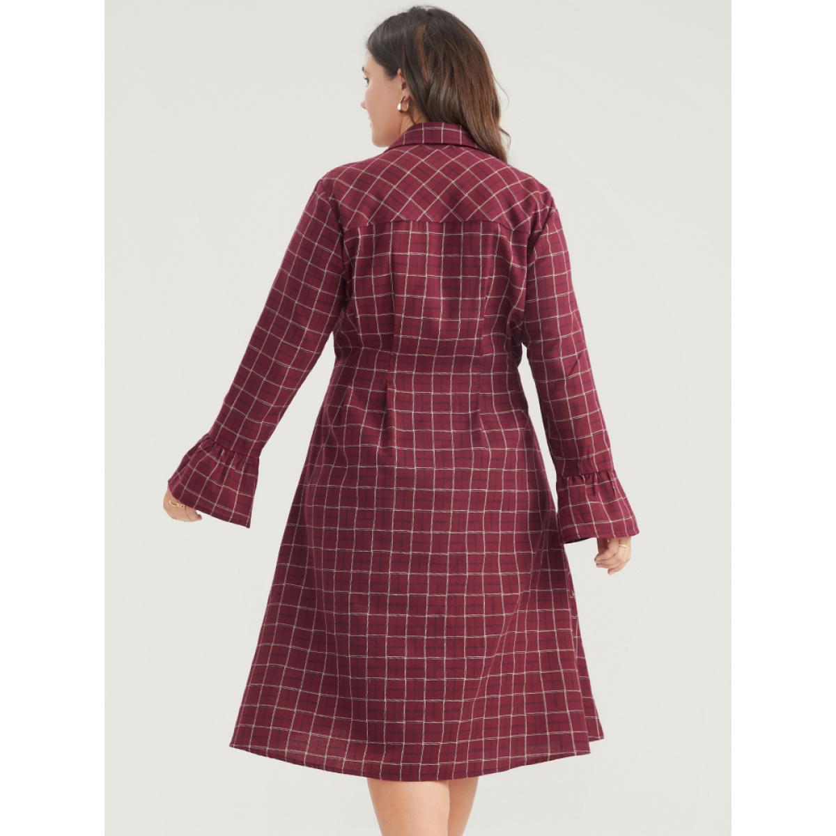 Plus Size Gingham Pocket Button Up Bell Sleeve V Neck Dress Without Belt Russet Women Office Button V-neck Long Sleeve Curvy Midi Dress BloomChic 30/6X Product Image
