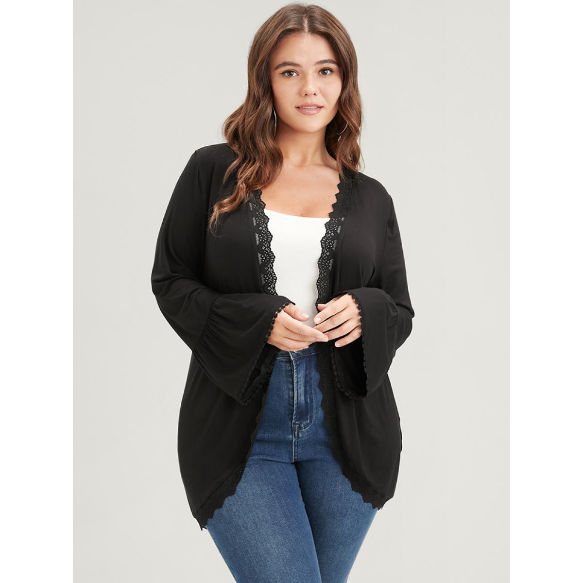 Plus Size Solid Ruffle Sleeve Lace Trim Coat Women Black Elegant Patchwork Ladies Dailywear Winter Coats BloomChic 12/L Product Image