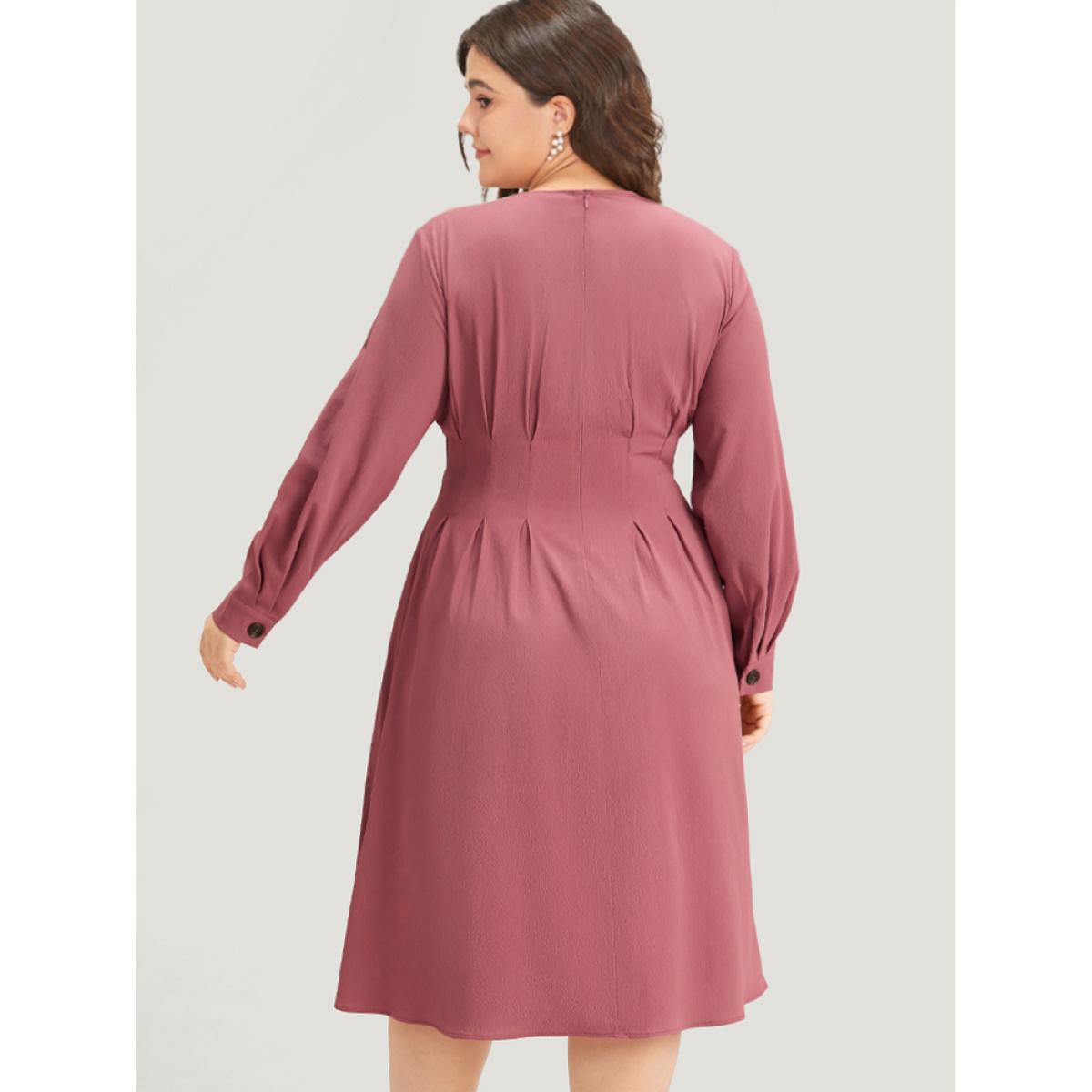 Plus Size Crew Neck Plicated Detail Ruffle Hem Dress DustyPink Women Office Plain Round Neck Long Sleeve Curvy Midi Dress BloomChic 30/6X Product Image