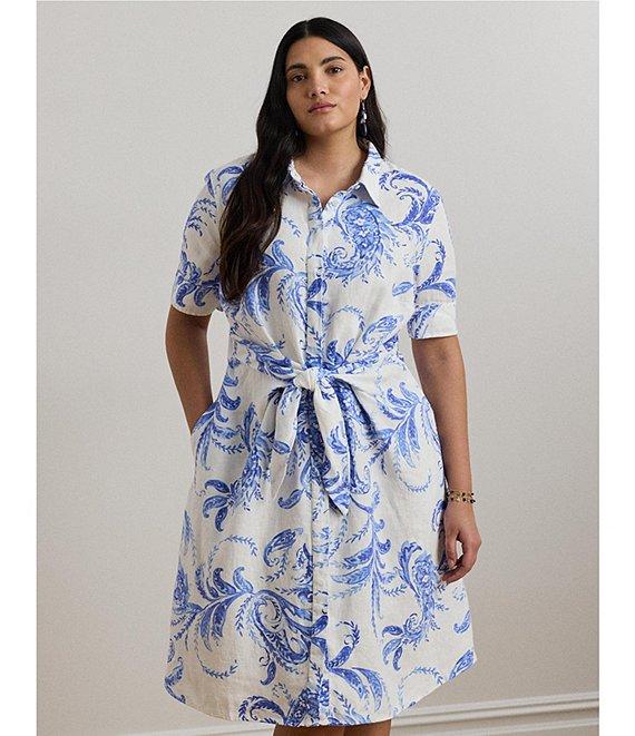 Lauren Ralph Lauren Plus Size Paisley Tie-Front Linen Shirtdress Product Image