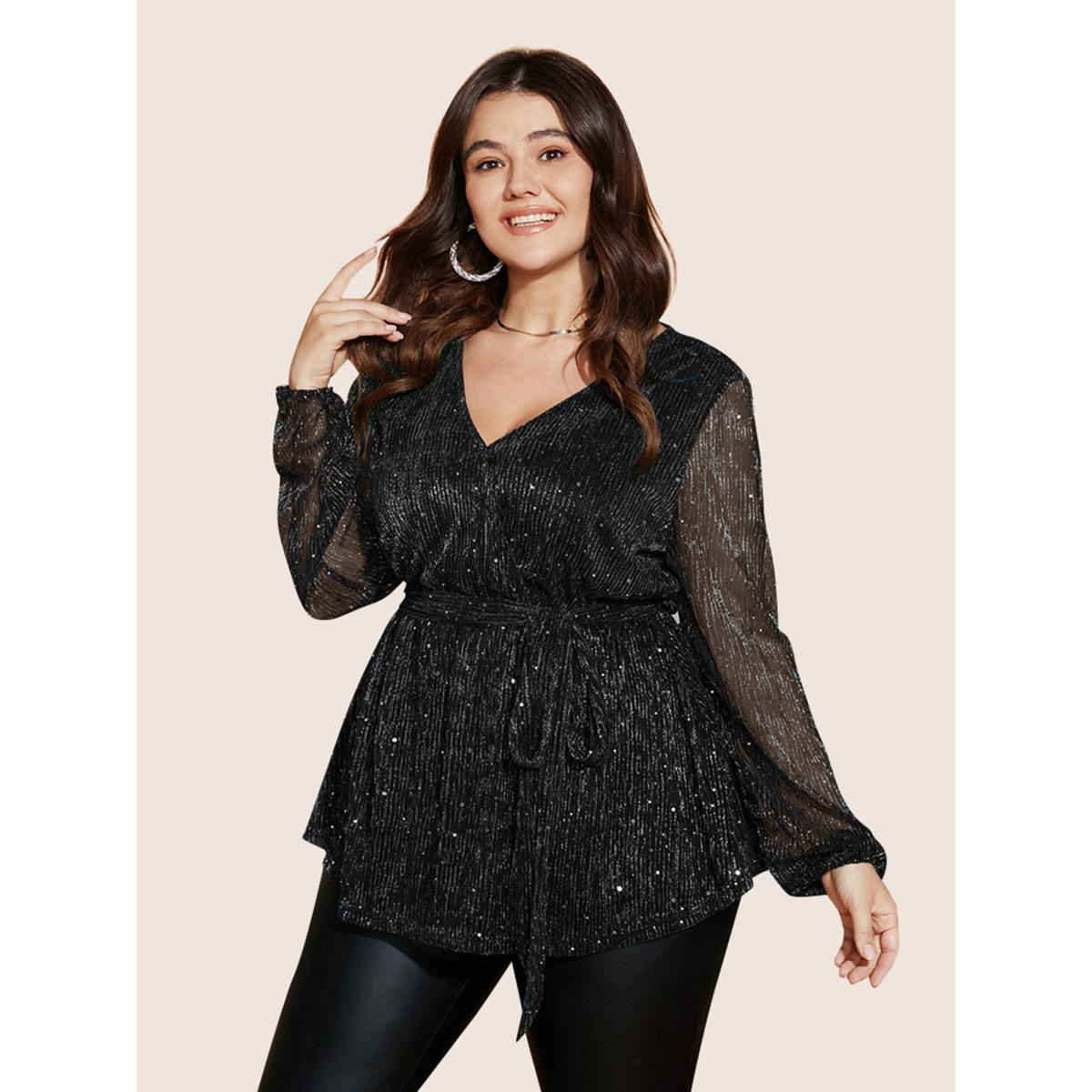 Plus Size Black Sequin Mesh Lantern Sleeve Wrap Belted Striped Blouse Women Party&Cocktail Long Sleeve Overlap Collar Party Blouses BloomChic 28/5X Product Image