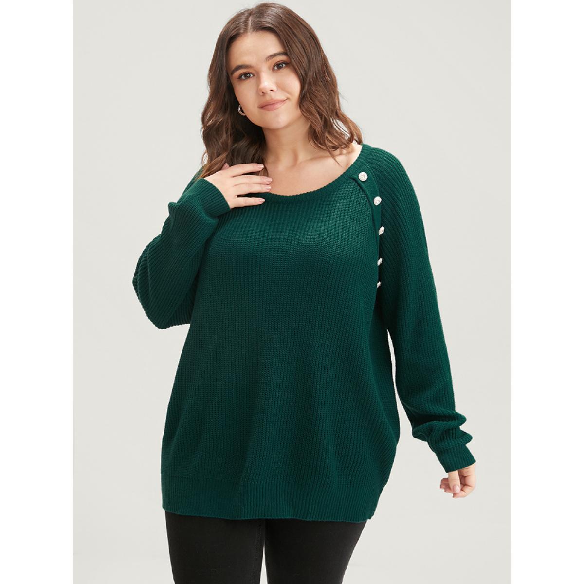 Plus Size Solid Pointelle Knit Raglan Sleeve Button Detail Knit Top Emerald Women Casual Loose Long Sleeve Round Neck Dailywear Pullovers BloomChic 18-20/2X Product Image