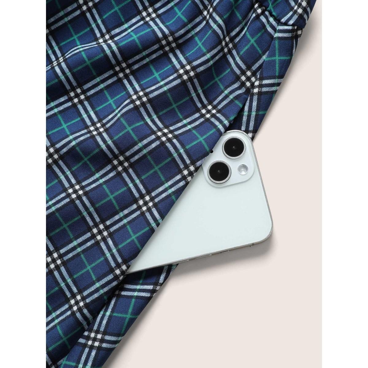 Plus Size Plaid Pocket Belted Halter Midi Dress DarkBlue Women Casual Non Halter neck Sleeveless Curvy Midi Dress BloomChic 26/4X Product Image