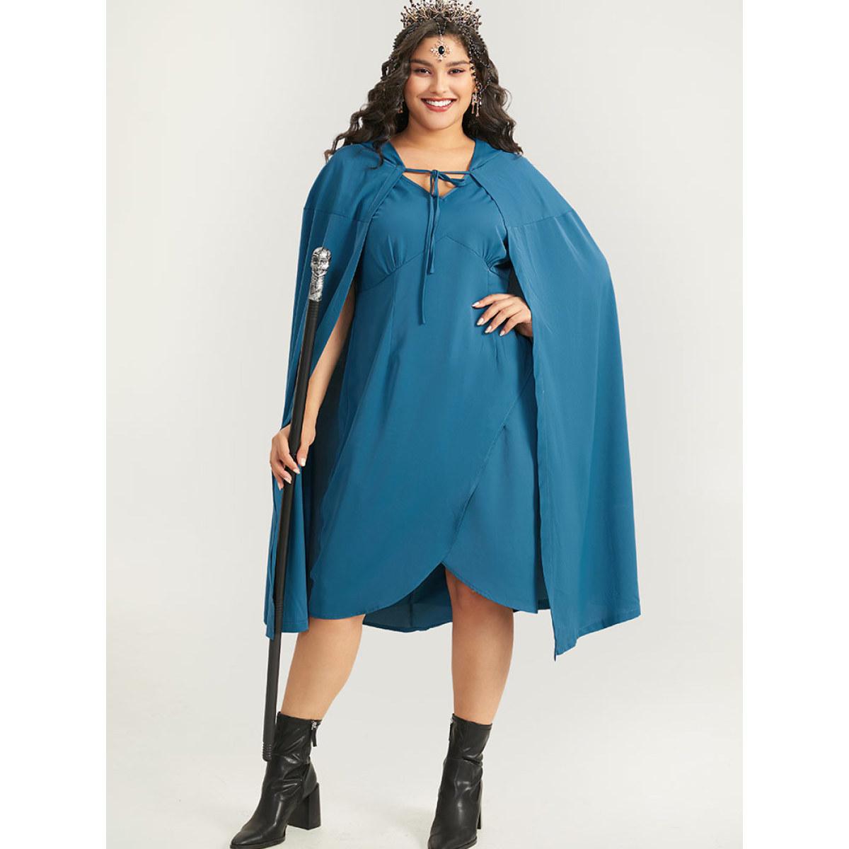 Plus Size Halloween Plain Knot Hooded V Neck Ties Wrap Hem Dress Aegean Women Elegant Wrap V-neck Sleeveless Curvy Midi Dress BloomChic 18-20/2X Product Image