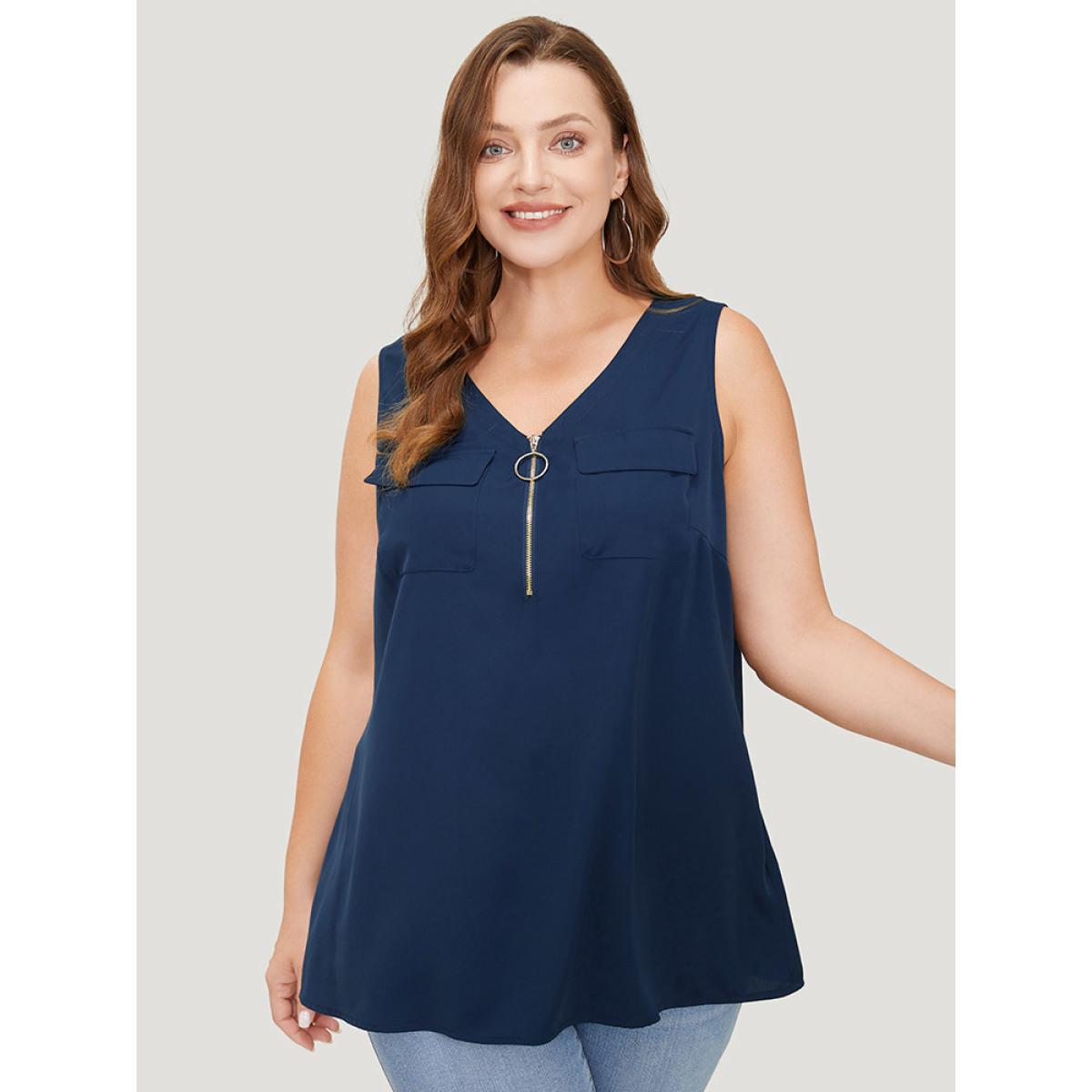Plus Size Solid Half Zipper Flap Detail Tank Top Women Indigo Casual Zipper V-neck Dailywear Tank Tops Camis BloomChic 18-20/2X Product Image