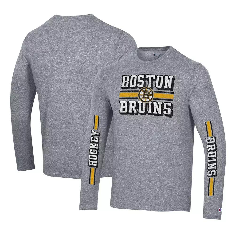 Men's Champion Heather Gray Boston Bruins Tri-Blend Dual-Stripe Long Sleeve T-Shirt,  Product Image