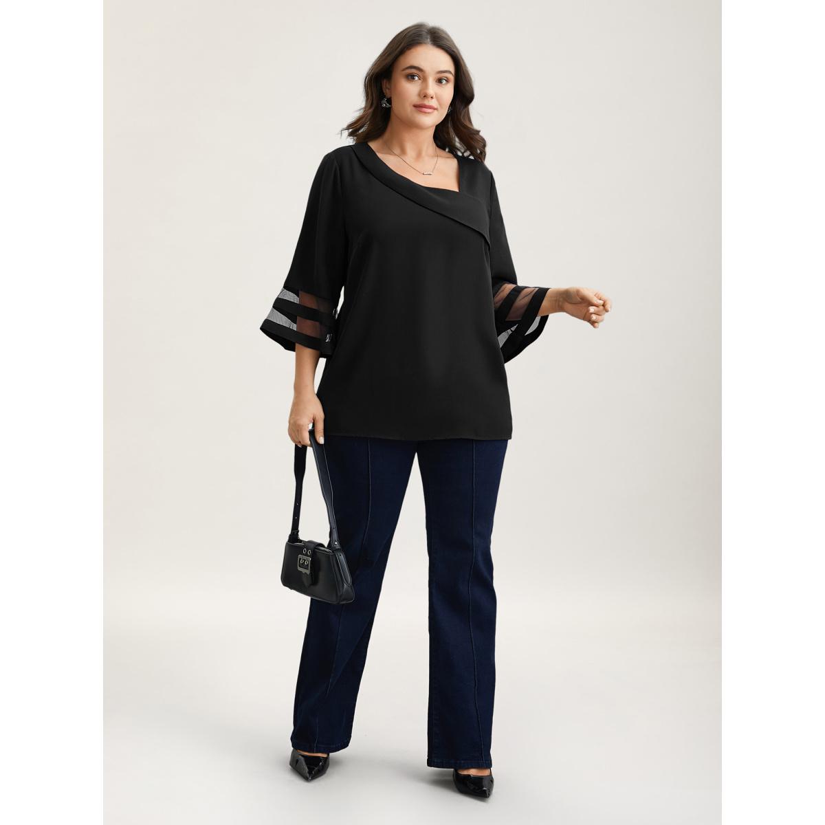 Plus Size Black Sheer Sleeve Patchwork Asymmetrical Neckline Blouse Women Office Elbow-length sleeve Asymmetrical Neck Office Blouses BloomChic 30/6X Product Image