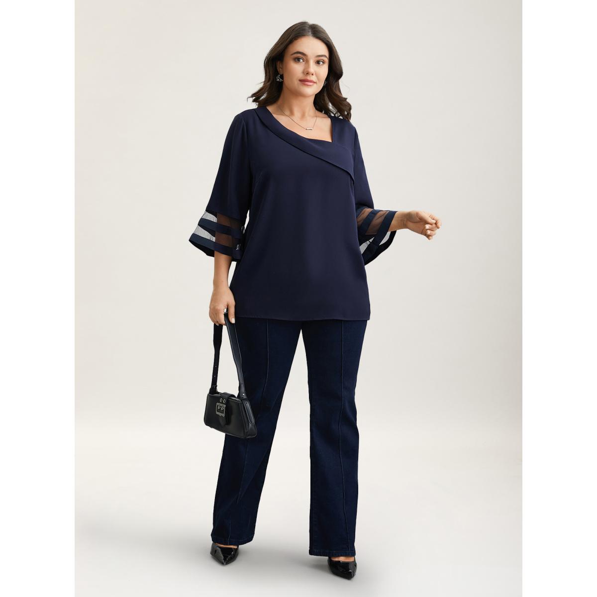 Plus Size Indigo Sheer Sleeve Patchwork Asymmetrical Neckline Blouse Women Office Elbow-length sleeve Asymmetrical Neck Office Blouses BloomChic 30/6X Product Image