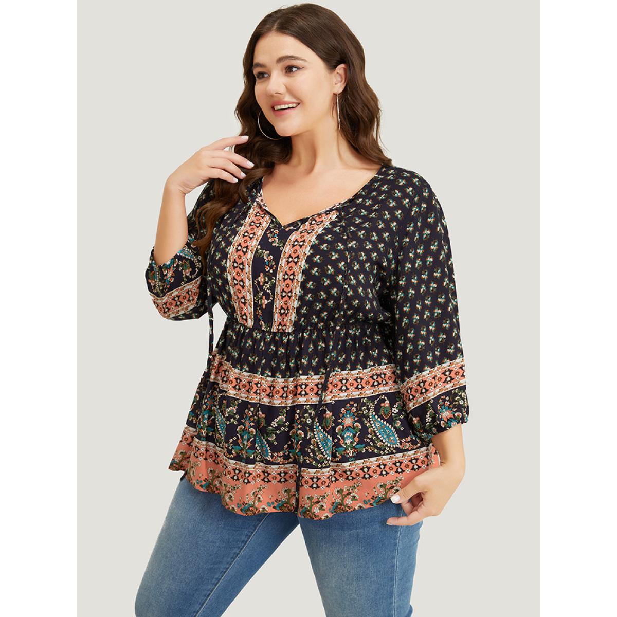 Plus Size Indigo Bandana & Paisley Print Lantern Sleeve Knot Neck Ruffle Blouse Women Vacation Elbow-length sleeve Tie Neck Dailywear Blouses BloomChic 12/L Product Image
