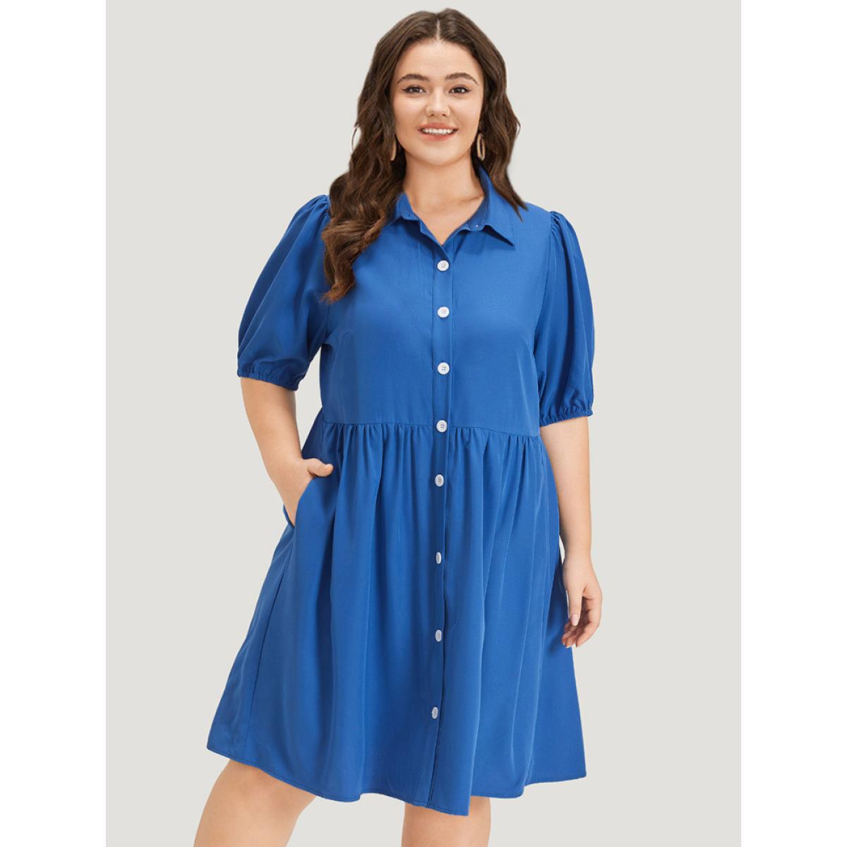 Plus Size Plain Shirt Collar Button Through Gathered Lantern Sleeve Dress Blue Women Elegant Elastic cuffs Shirt collar Half Sleeve Curvy Knee Dress BloomChic 18-20/2X Product Image